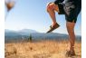 Brown leather running shoe on mountain