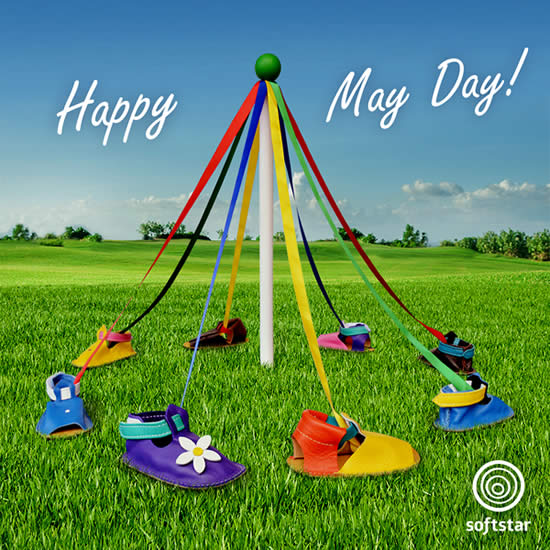 Graphic showing softstar shoes comically dancing around a maypole with "happy may day!" written above