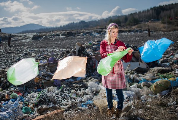 Woman hanging trash bags on clothes line