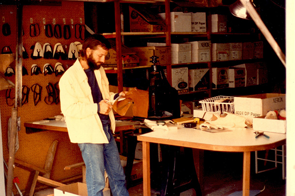 Our founder and Shoe Sheriff, Tim, still works here in his 39th year. This photo shows Tim making shoes in 1986.